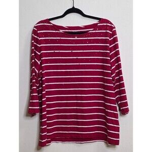 Talbots Red & White Striped Studded Top